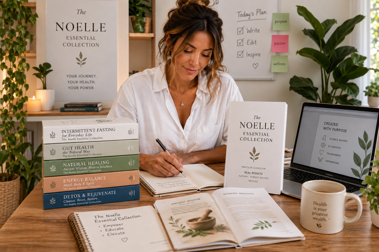 Noelle writing at her desk, surrounded by books and plants